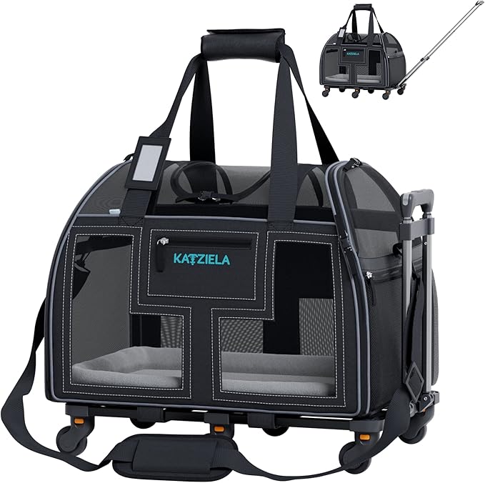 Airline Compliant Pet Carrier - Rolling Portable Travel Carry Crate for Small Dog, Puppy or Cat - Soft Removable Wheeled Design with Mesh Window Sides - Airplane and TSA Compliant- by Katziela