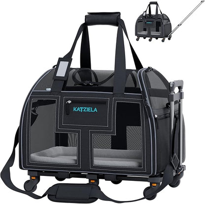 Airline Compliant Pet Carrier - Rolling Portable Travel Carry Crate for Small Dog, Puppy or Cat - Soft Removable Wheeled Design with Mesh Window Sides - Airplane and TSA Compliant- by Katziela