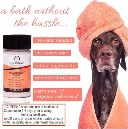 COAT DEFENSE Preventative Powder | Made in USA | 3.5oz Waterless Dog Shampoo &amp; Pet Deodorizer for Smelly Dogs | Provides Anti Itch Relief | Dog Shampoo for Dry Itchy Skin &amp; Smelly Dogs