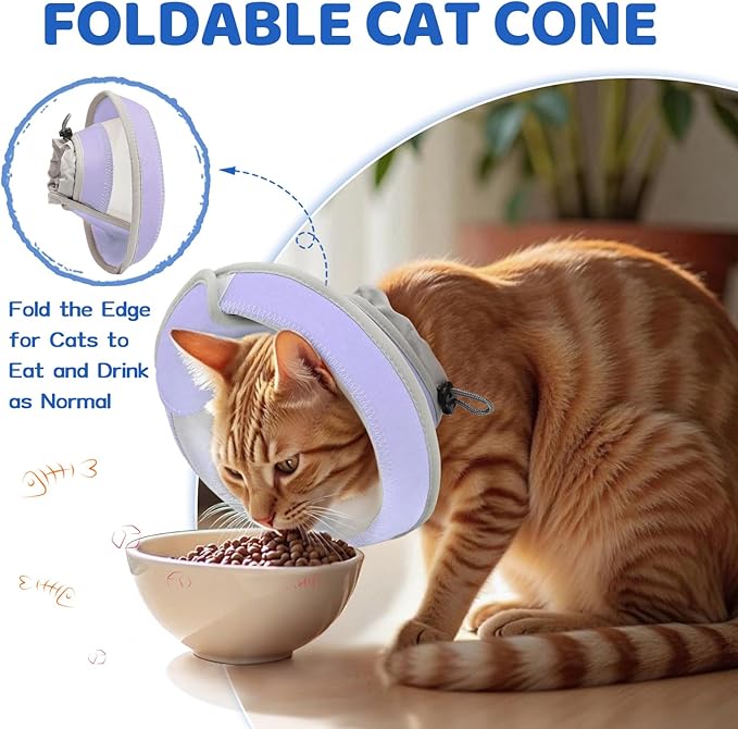 Breathable Air Mesh Cat Cone Collar Soft to Stop Licking, Adjustable, Foldable Lightweight Kitten Cones After Surgery Recovery for Cats &amp; Kittens (Light Purple, S)