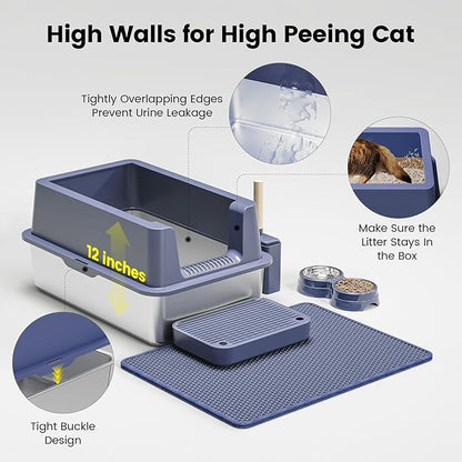 Stainless Steel Cat Litter Box - Enclosed XL Metal Kitty Litter Box with Lid for Big Cats, High Sided, Anti-Leakage, Easy Cleaning, Non-Sticky, Included Litter Mat, Cat Bowl &amp; Spoon