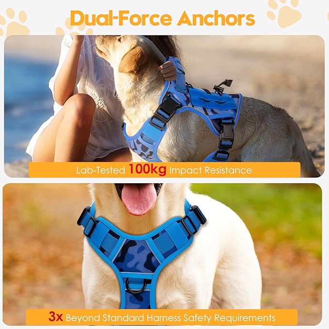 Heavy-Duty Tactical Dog Harness for Large Dogs, No Pull Adjustable Reflective Pet Vest with Molle System, K9 Military-Grade Control for Service Training, Outdoor &amp; 10+ Breeds, Blue Camo, Medium