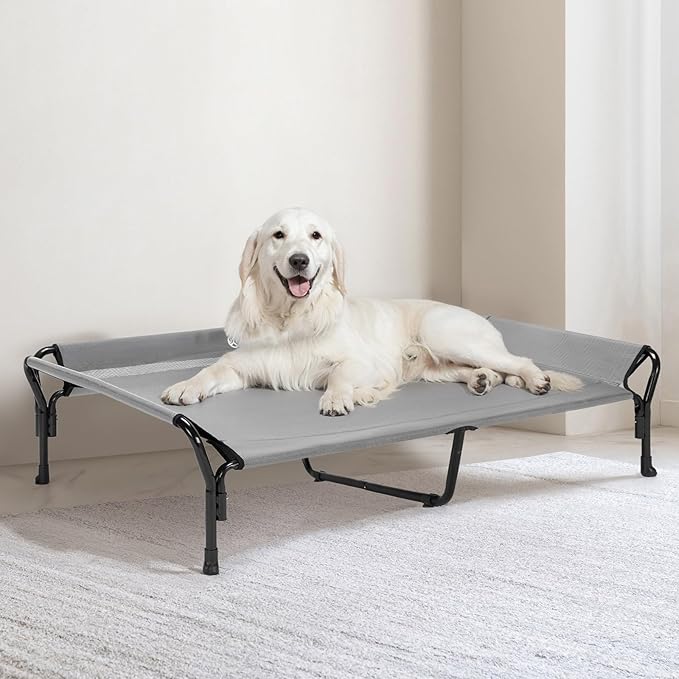 Veehoo Cooling Elevated Dog Bed, XL Raised Pet Cot with Guardrail &amp; Slope Headrest, Durable Breathable Teslin Mesh, Non-Slip Feet, Washable Dog Couch Bed for Indoor &amp; Outdoor, 50.5" x 33.5, Gray