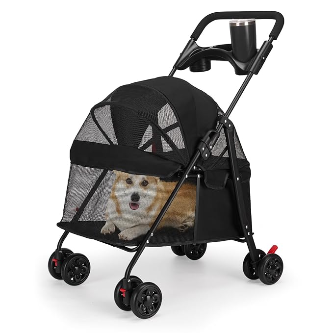 Foldable Pet Stroller for Small/Medium Pets up to 22 lbs - Lightweight 4-Wheel Design with Sun Canopy, Storage Bag &amp; Breathable Mesh