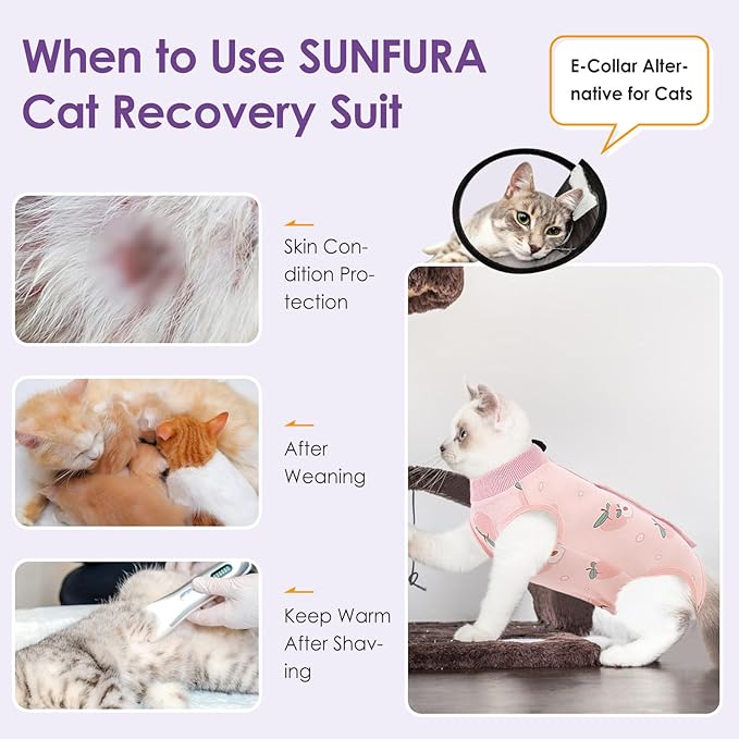 SUNFURA Cat Recovery Suit, Kitten Surgical Full Bodysuit for Abdominal Wound Protector Anti Licking After Surgery, Professional Bandages Cone E-Collar Alternative for Small Male &amp; Female Pets