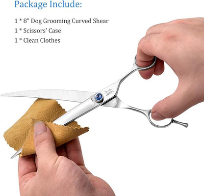 JASON 8" Curved Dog Grooming Scissors Ergonomic Pets Cats Trimming Shears with Offset Handle and a Jewelled Screw for Right Handed Groomers Long Sharp Comfortable