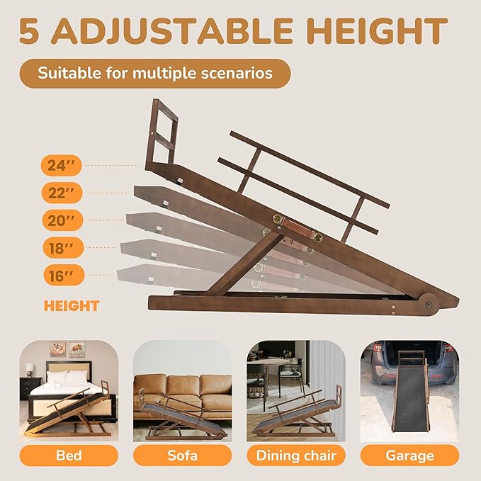 Dog Ramp for Bed, 5 Level Adjustable Dog Ramp for High Beds, Upgrade Rubber Mat High Traction Ramp with Safety Rails, Folding Pet Ramp for Bed, Couch,SUV, Natural Wood Pet Ramp for Small &amp; Old Dogs