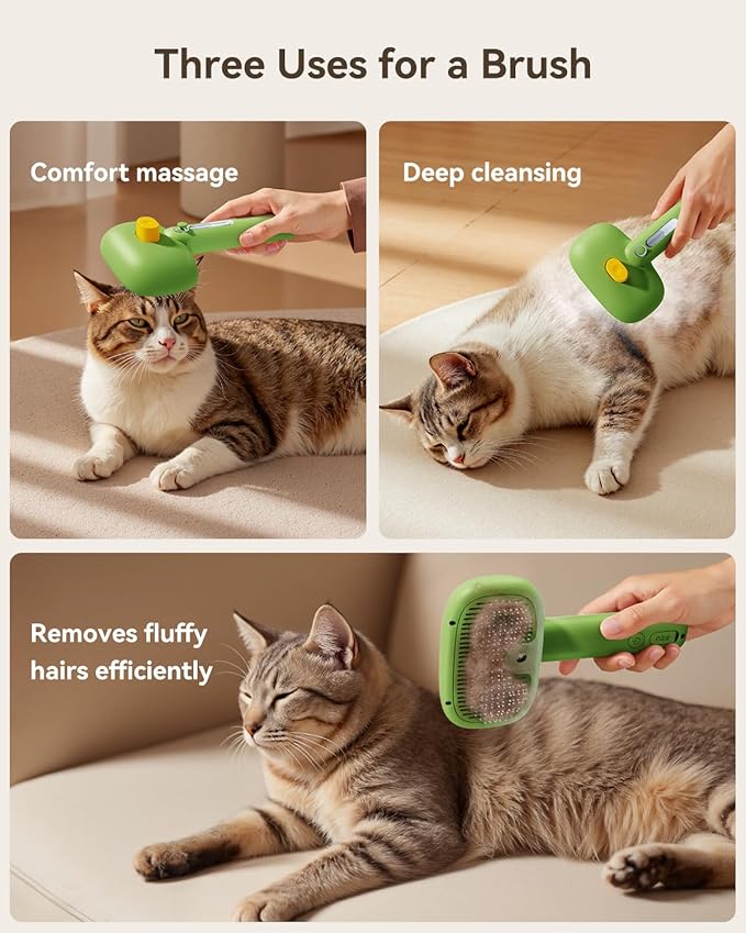 ROJECO 3-in-1 Pet Steam Brush for Cats&amp;Dogs - Detangling Comb with Adjustable Mist, Handheld Deshedding Grooming Tool for Long/Short Hair, Massage Brush &amp; Shedding Control Gift,Cordless (Green)