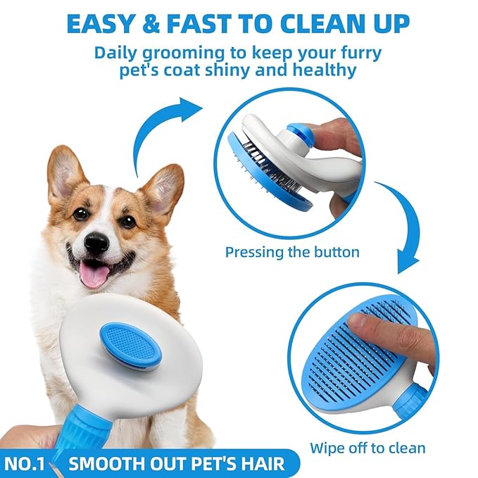 Bath Grooming Kit with Hair Brush, Towel &amp; Scrubber Gloves - 6-in-1 Slicker Brush for Shedding Dogs &amp; Cats, Blue