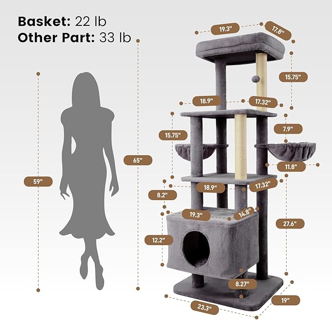 Gardner Pet 65in Heavy Duty Cat Tree Tower for Large Cats, Multi-Level Cat Furniture with Replaceable Sisal Scratching Post, Hammock | Extra-Large Platform &amp; Condo (Grey)
