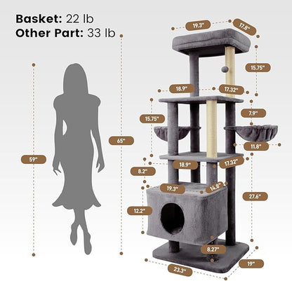 Gardner Pet 65in Heavy Duty Cat Tree Tower for Large Cats, Multi-Level Cat Furniture with Replaceable Sisal Scratching Post, Hammock | Extra-Large Platform &amp; Condo (Grey)