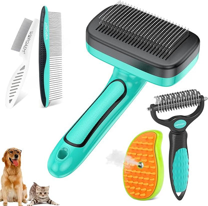 Dog Brush for Shedding Short Long Haired Cats, 5 in 1 Pet Grooming Kit for Small Medium &amp; Large Animals. Removes Loose Fur, Mats, Tangled. Easy Cleaning. Undercoat Rake + Steam Brush Included