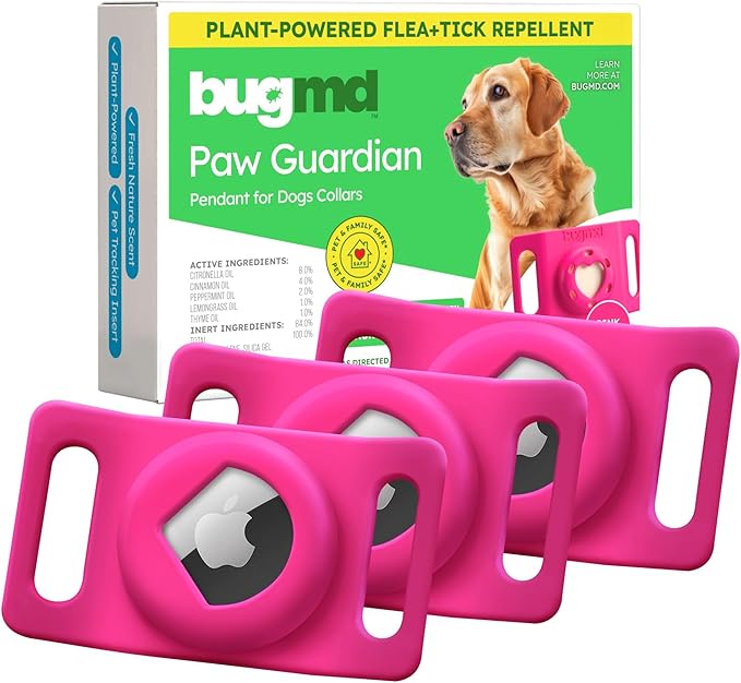 BugMD Paw Guardian Flea &amp; Tick Pendant (3-Pack) with AirTag Holder – Plant-Based Flea &amp; Tick Prevention for Dogs – Pet Collar Tag &amp; GPS Tracker Holder for Dogs – Pink