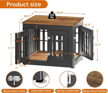 26" Heavy Duty Dog Crate Furniture for Small,Medium and Large Dogs,Rustic Wooden Dog Cage Kennel Indoor Furniture with Waterproof Top,Decorative Pet House Side End Table (Black &amp; Wood)