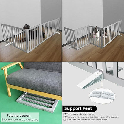 ZJSF Freestanding Indoor Dog Gate for House Foldable Wood Puppy Gate for Doorways Pet Gate for Stairs Extra Wide Pet Fence, Grey, 24" Height 6 Panels