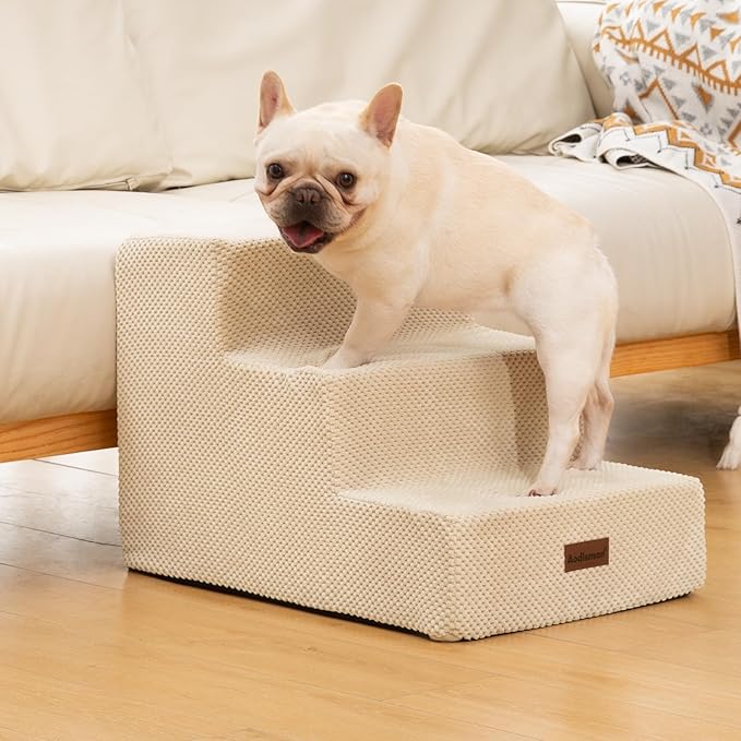 Dog Stairs for Small Dogs &amp; Cats, 3-Step Extra Wide Non-Slip Pet Steps for Couch Sofa and Chair, Beige, 15.7" H