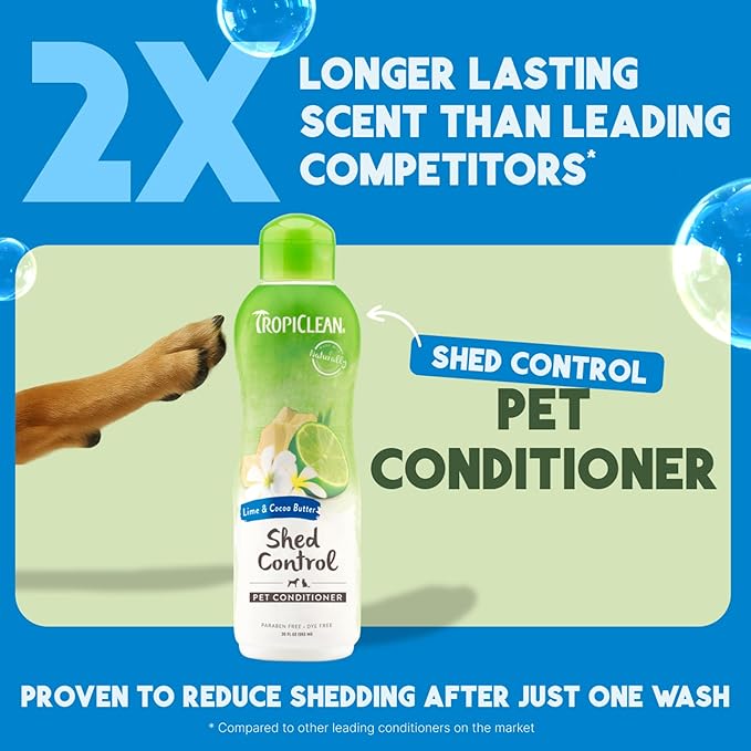 TropiClean Deshedding Dog Conditioner, Reduces Shedding &amp; Softens Coat, Puppy Safe, Made in the USA, Lime &amp; Cocoa Butter Scent, 20oz.