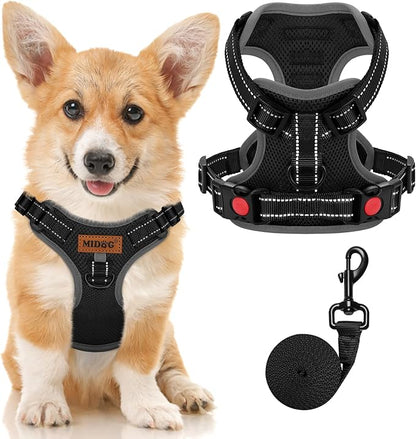 MIDOG No-Pull Dog Harness | Adjustable &amp; Reflective Pet Harness Leash Set for Small Medium Large Dogs Walking, Training| No Choke, Front Clip, Soft Padded Vest with Easy Control Handle - Black, S