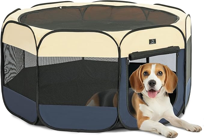 A 4 Pet Portable Dog Playpen, 49” Playpen for Dogs with Bowl, Suitable for Puppies, Kittens, and Small Animals, Removable Zipper &amp; Mesh Panel(19”W × 12”H)