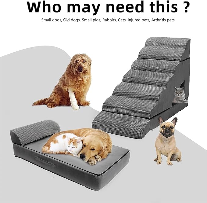 Foam Dog Stairs &amp; Steps Ramps for High Beds 30-36 inches High Tall Large Dogs, LitaiL 7 Step Pet Stairs Steps for High Beds 30 inch Small Dogs, Non-Slip Dog Ramps for Bed