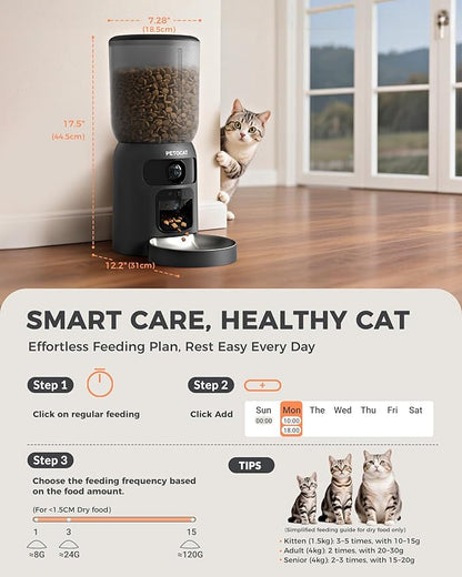 AI Cat Feeder with Dual Cameras (1 Adjustable), 2K HD Night Vision, 5G/2.4G WiFi, 6L Automatic Pet Feeder with APP Control, Laser Interactive Toy, Two-Way Audio &amp; Scheduled Feeding