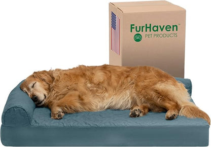 Furhaven Cooling Gel Dog Bed for Large Dogs w/ Removable Bolsters &amp; Washable Cover, For Dogs Up to 95 lbs - Pinsonic Quilted Paw L Shaped Chaise - Bluestone, Jumbo/XL