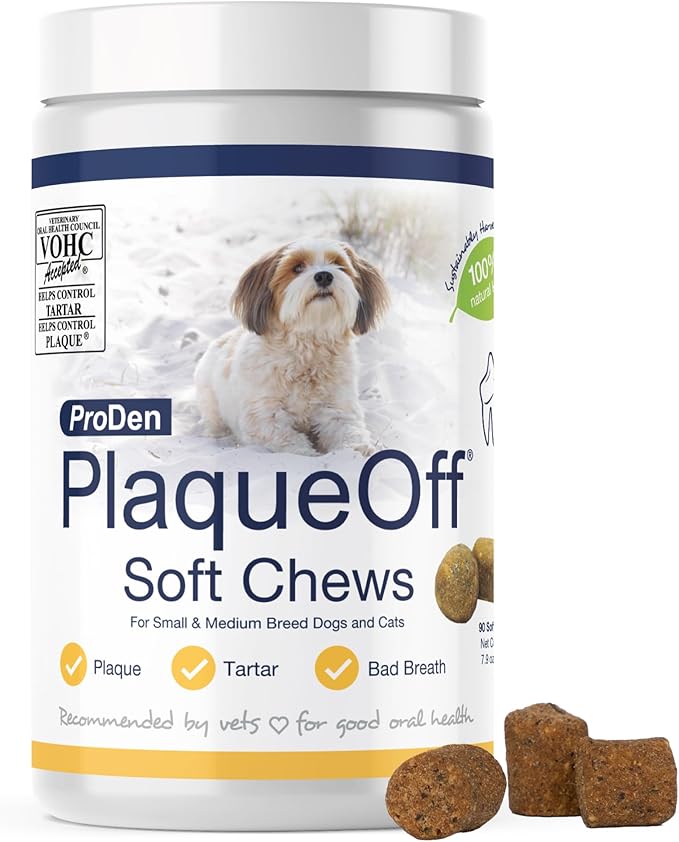 ProDen PlaqueOff Soft Chews with Natural Kelp - for Small &amp; Medium Breed Dogs &amp; Cats - Supports Normal, Healthy Teeth, Gums, and Breath Odor in Dogs &amp; Cats - 90 Soft Chews