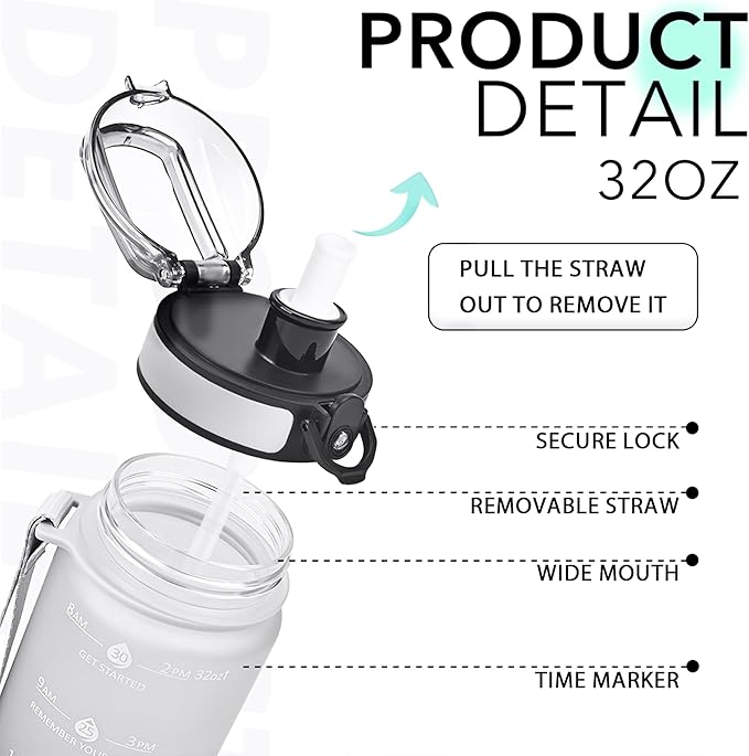 32oz Motivational Water Bottles with Time Marker &amp; Fruit Strainer, Transparent Gradient Color Water Bottle with Times to Drink, Leakproof &amp; BPA Free, Reusable Bottle with Strap (No Straw)