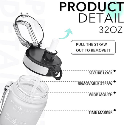 32oz Motivational Water Bottles with Time Marker &amp; Fruit Strainer, Transparent Gradient Color Water Bottle with Times to Drink, Leakproof &amp; BPA Free, Reusable Bottle with Strap (No Straw)