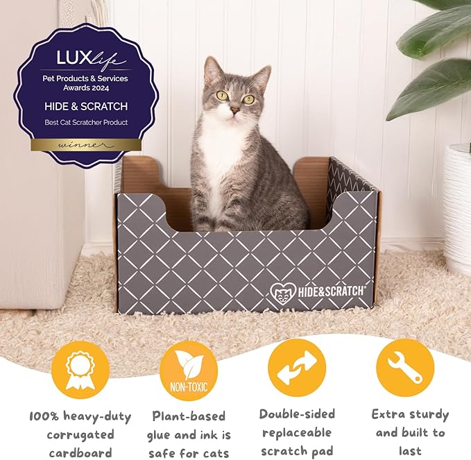 HIDE &amp; SCRATCH Cat Scratcher Box and Cat Bed with Refillable Double-Sided Cardboard Scratch Pad for Indoor Cats