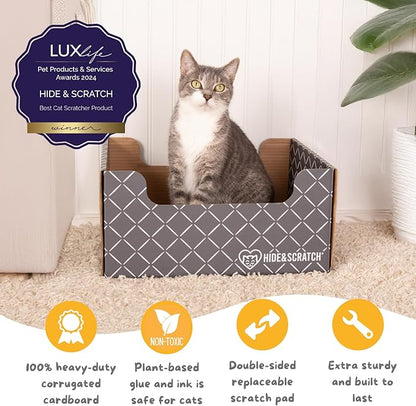 HIDE &amp; SCRATCH Cat Scratcher Box and Cat Bed with Refillable Double-Sided Cardboard Scratch Pad for Indoor Cats