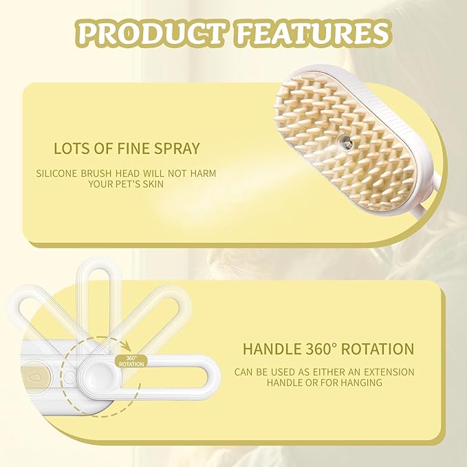 3-in-1 Rechargeable Steam Brush for Cats &amp; Dogs - Anti-Static Spray Pet Grooming Brush with Warm Mist Massage, Hair Shedding Control, Detangling Comb &amp; Cleaning Tool for Effective Deshedding