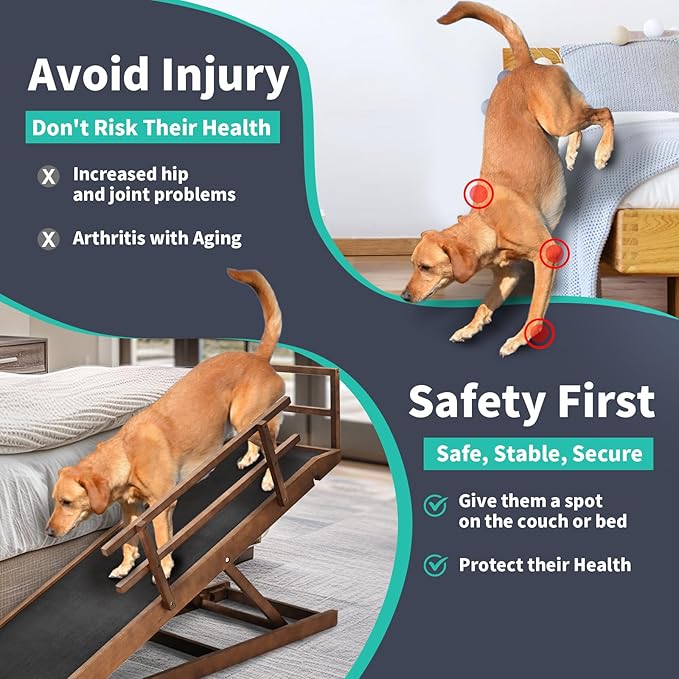 Dog Ramp, 5 Level Adjustable Wooden Folding Pet Ramp for Middle Bed, Couch,SUV-High Traction, Portable Paw Ramps for Small &amp; Large Old Dogs &amp; Cats - Furniture Quality