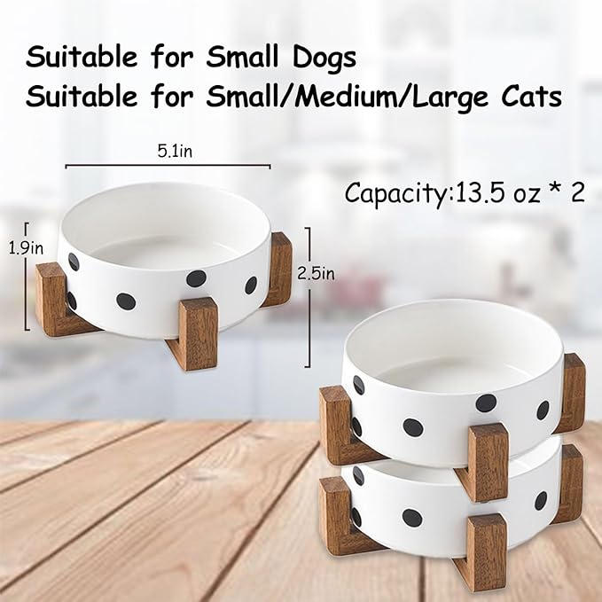 Petygooing Ceramic Dog Bowl Set with Stand, Small Pet Bowls, Anti-Slip Cat &amp; Dog Food and Water Bowl Set (13.5OZ/5.1 in) Black Dot