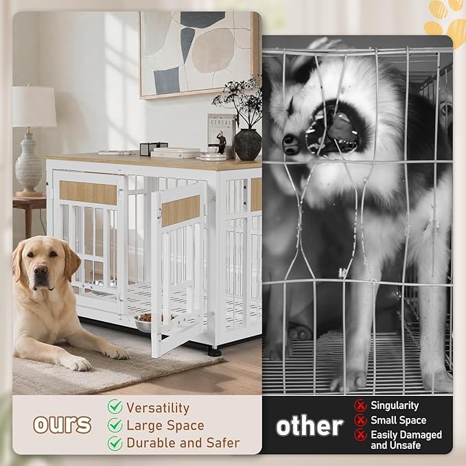 Dog Crate Furniture End Table, 38 Inch Hidden Kennel Cabinet with Removable Tray, Thickened Metal Frame Dog Cage, Dual-Purpose Pet House &amp; Nightstand for Living Room