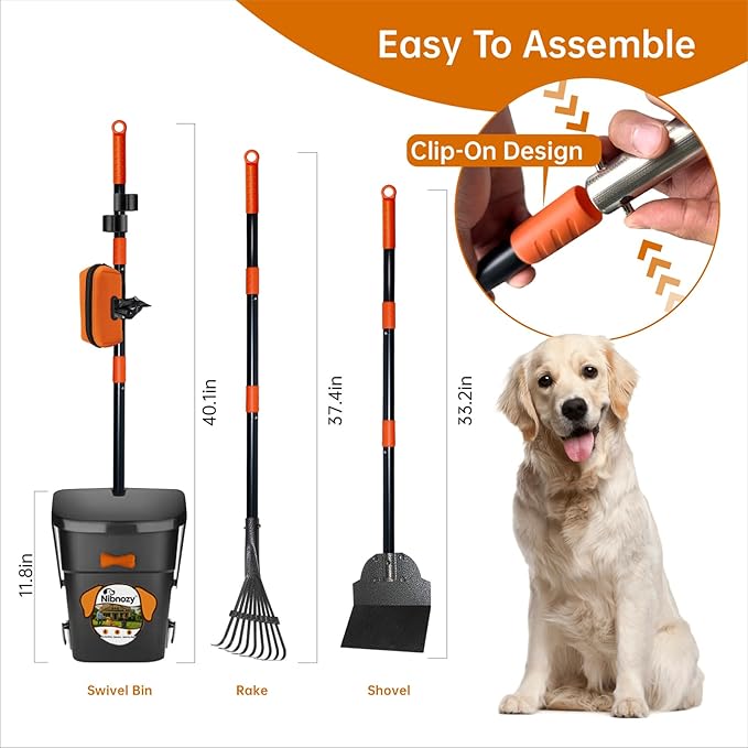 Dog Pooper Scooper with Bags &amp; Dispenser - 37.4" Long Durable Metal Handle Swivel Bin &amp; Rake &amp; Spade Kit, Large Capacity Portable Pooper Scooper for Yards，Easy to Assemble