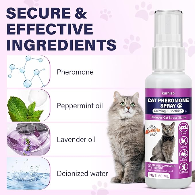 Cat Calming Pheromone Spray, 2 Pack, Calming Spray for Cat Anxiety Relief, Reduce Stress, Hiding &amp; Scratching Furniture - During Travel, Fireworks, Thunder, 60 ML