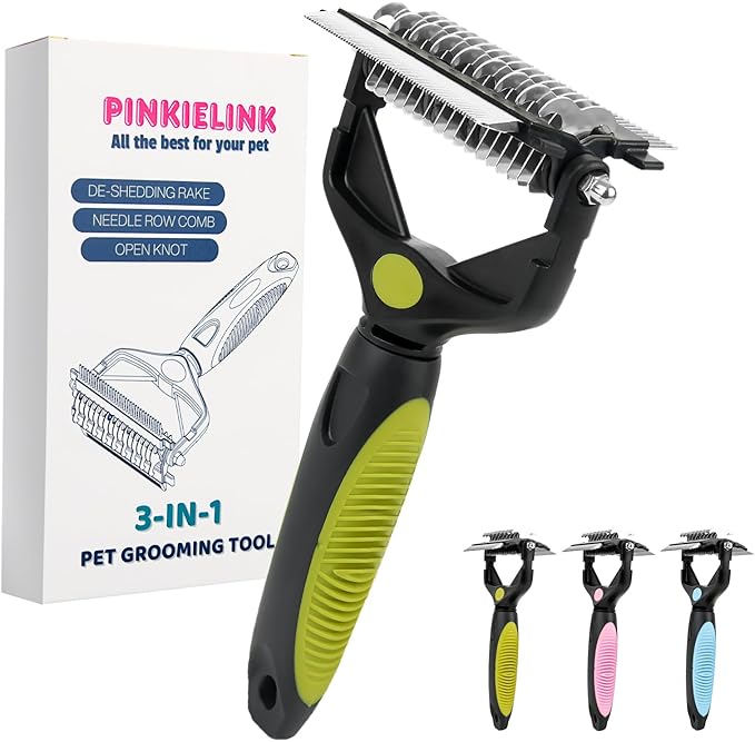 3-IN-1 Pet Grooming Tool - Undercoat Rake, Dematting Comb &amp; Deshedding Brush for Cats &amp; Dogs - Removes Mats, Tangles &amp; Loose Fur, Reduces Shedding &amp; Prevents Hair Mess (Green)