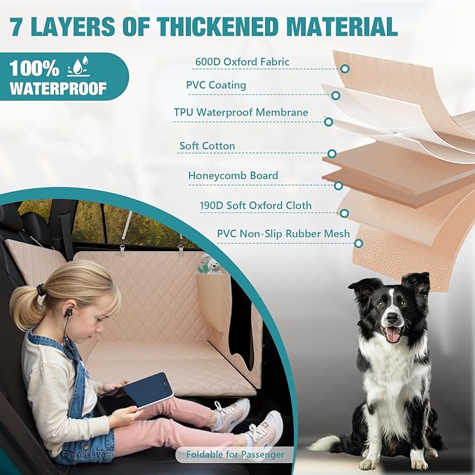 Waterproof Dog Car Seat Cover for Back Seat – Heavy Duty Back Seat Extender for Dogs with Hard Bottom, 7-Layer Protection, Non-Slip &amp; Scratchproof, Easy to Install (Beige)