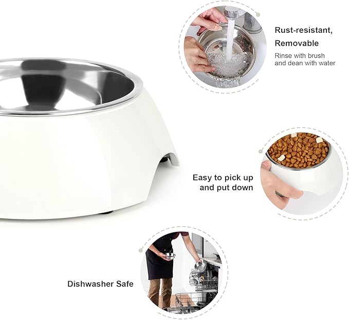 Double Dog Bowls Set – Non-Slip Pet Food &amp; Water Dishes with Resin Stand, Includes Small (1 Cup) &amp; Medium (2 Cups) Bowls – Ideal for Puppies, Cats, and Medium Dogs – White