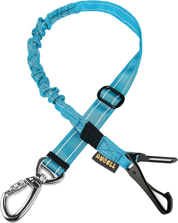 AUBELL Dog Seat Belt for Car,Updated 3-in-1 Adjustable Reflective Bungee Heavy Duty Dog Car Harness Tether with Clip Hook Latch &amp; Buckle,Swivel Zinc Alloy Carabiner,Blue