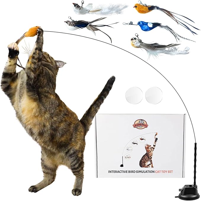 Interactive Bird Simulation Cat Toy Set, Interactive Cat Toys for Indoor Cats, Cat Feather Toy, Self-Holding Suction Base, 5 Replacement Birds, Feathers &amp; Bells, Realistic Bird Impression