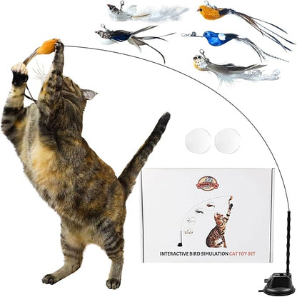 Interactive Bird Simulation Cat Toy Set, Interactive Cat Toys for Indoor Cats, Cat Feather Toy, Self-Holding Suction Base, 5 Replacement Birds, Feathers &amp; Bells, Realistic Bird Impression