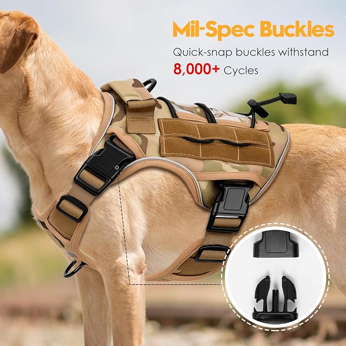 Heavy-Duty Tactical Dog Harness for Large Dogs, No Pull Adjustable Reflective Pet Vest with Molle System, K9 Military-Grade Control for Service Training, Outdoor &amp; 10+ Breeds, Desert Camo, Small