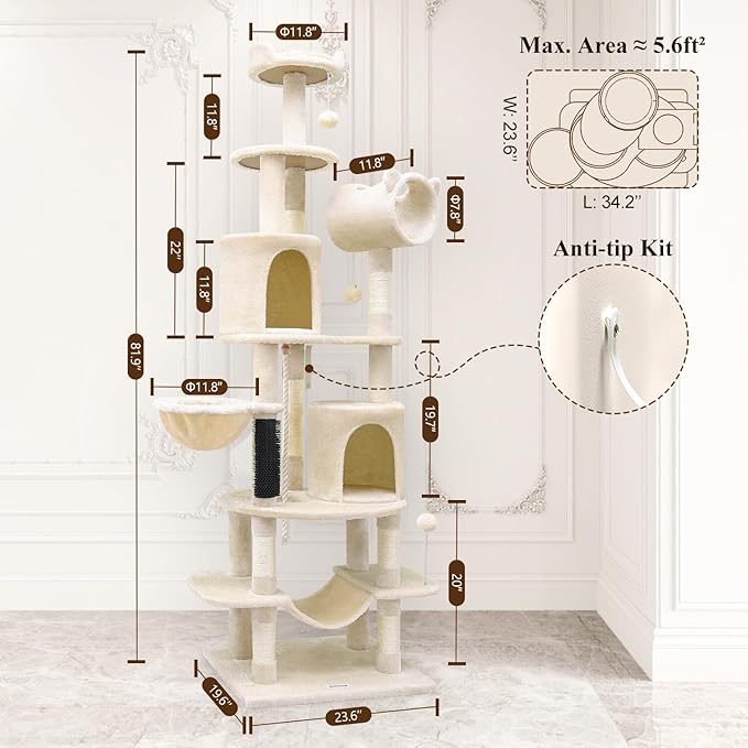 Globlazer Artistic Curved Cat Tower for Small Cats (Under 12 lbs), 81-inch Slim Design Cat Tree with Space-Saving Design, Indoor Cat Condo with Hammock &amp; Tunnel, C81, Beige, Non-Large Cats