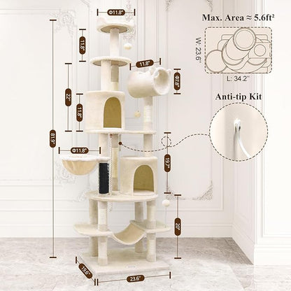 Globlazer Artistic Curved Cat Tower for Small Cats (Under 12 lbs), 81-inch Slim Design Cat Tree with Space-Saving Design, Indoor Cat Condo with Hammock &amp; Tunnel, C81, Beige, Non-Large Cats