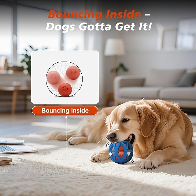 Interactive Dog Toy, Smart Jumping Bouncing Ball Inside Durable Rubber Shell, Automatic Moving Vibrating Ball for Medium/Large Dogs, Dog Enrichment Toy to Keep Them Busy (Blue &amp; Orange)
