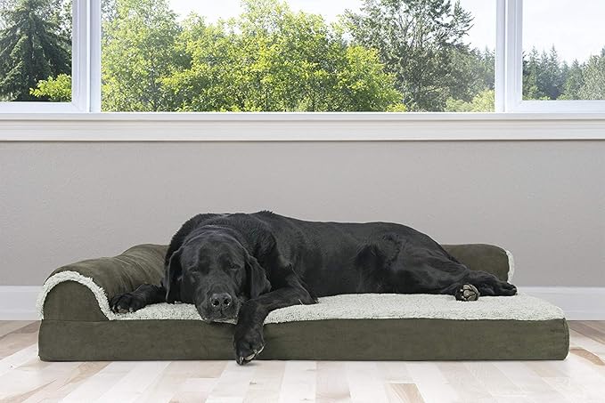 Furhaven Cooling Gel Dog Bed for Large Dogs w/ Removable Bolsters &amp; Washable Cover, For Dogs Up to 95 lbs - Two-Tone Plush Faux Fur &amp; Suede L Shaped Chaise - Dark Sage, Jumbo/XL