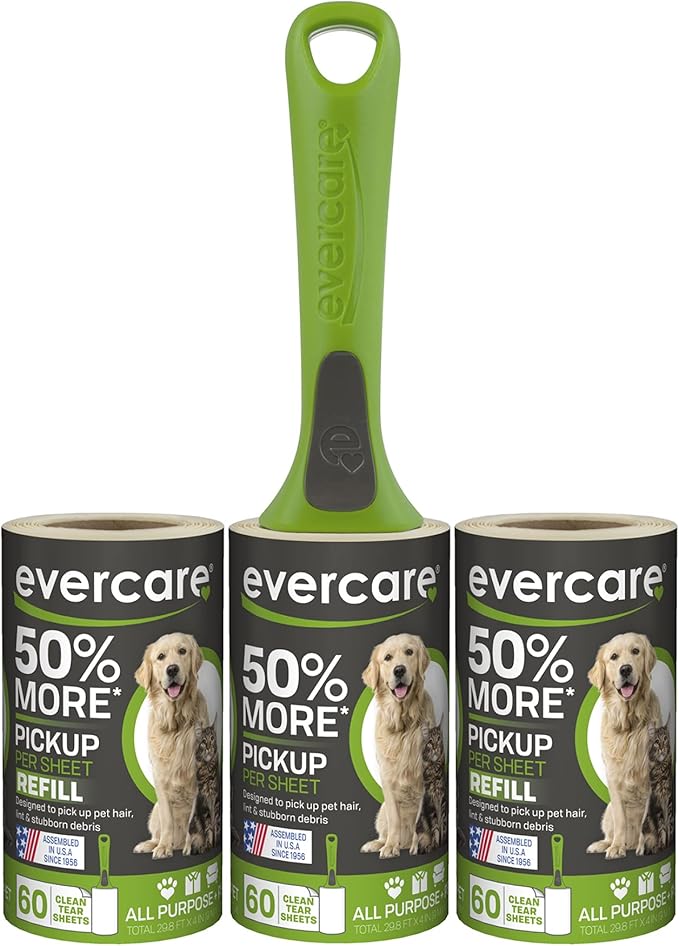 Evercare All Purpose Pet Hair Lint Roller with 2 Refills, 180 Total Sheets – Reusable Sticky Roller for Pet Hair, Cat &amp; Dog Hair Remover, Lint Remover, Pet Hair Remover for Furniture, Clothing &amp; Cars