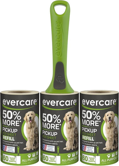 Evercare All Purpose Pet Hair Lint Roller with 2 Refills, 180 Total Sheets – Reusable Sticky Roller for Pet Hair, Cat &amp; Dog Hair Remover, Lint Remover, Pet Hair Remover for Furniture, Clothing &amp; Cars